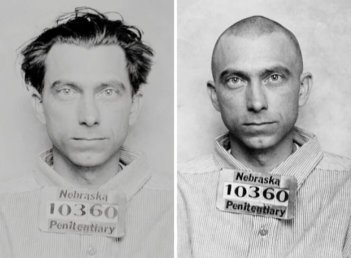 Black and white historical mugshots of a man from Nebraska Penitentiary showing intriguing stories behind mugshots.