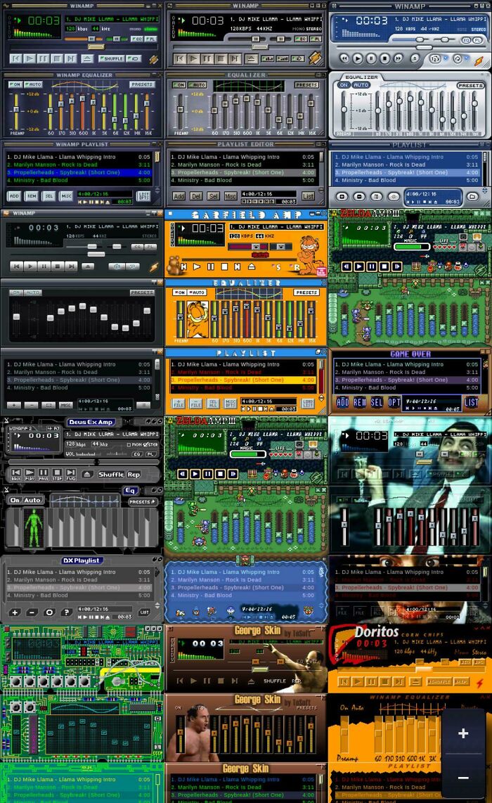 Collage of various 90s Winamp music player skins and retro video game interfaces evoking nostalgic 90s vibes.