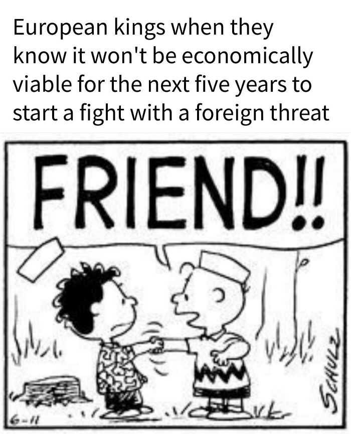 Cartoon meme showing two kids shaking hands with caption about European kings avoiding fights, related to Middle Ages memes.