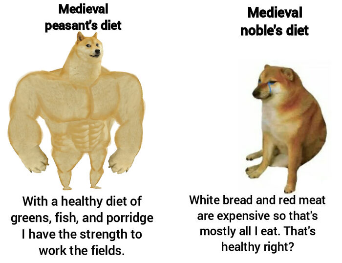 Medieval peasants strong from greens and fish versus nobles weak from expensive bread and red meat meme comparing Middle Ages diets.