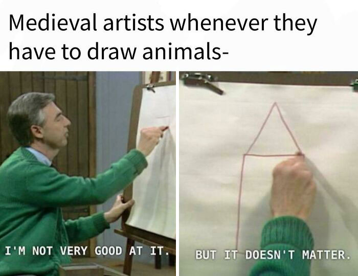 Man in green sweater drawing a simple shape with caption about medieval artists and funny Middle Ages memes.