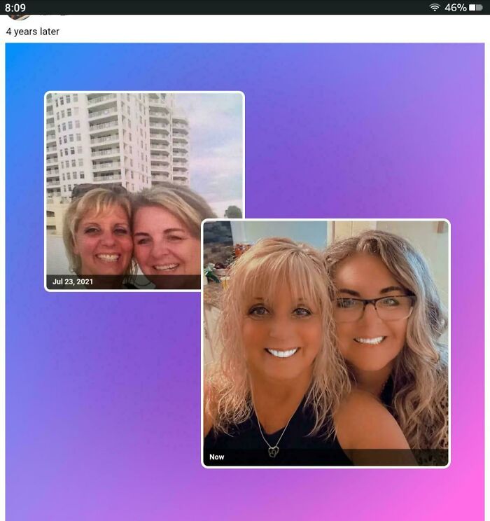 Before and after comparison of two women showing Instagram vs reality over time in a casual setting.