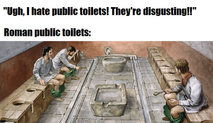 Medieval-style illustration of Roman public toilets with people sitting on stone benches, humorously explaining the Middle Ages.