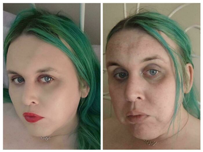 Side-by-side Instagram vs reality pics of a woman with green hair showing makeup and natural look differences