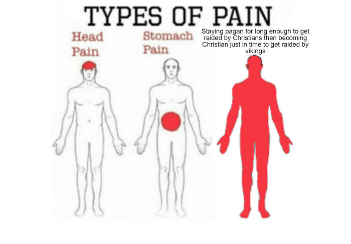 Types of pain illustration showing head pain, stomach pain, and full-body pain with a humorous Middle Ages meme about Vikings and Christians.