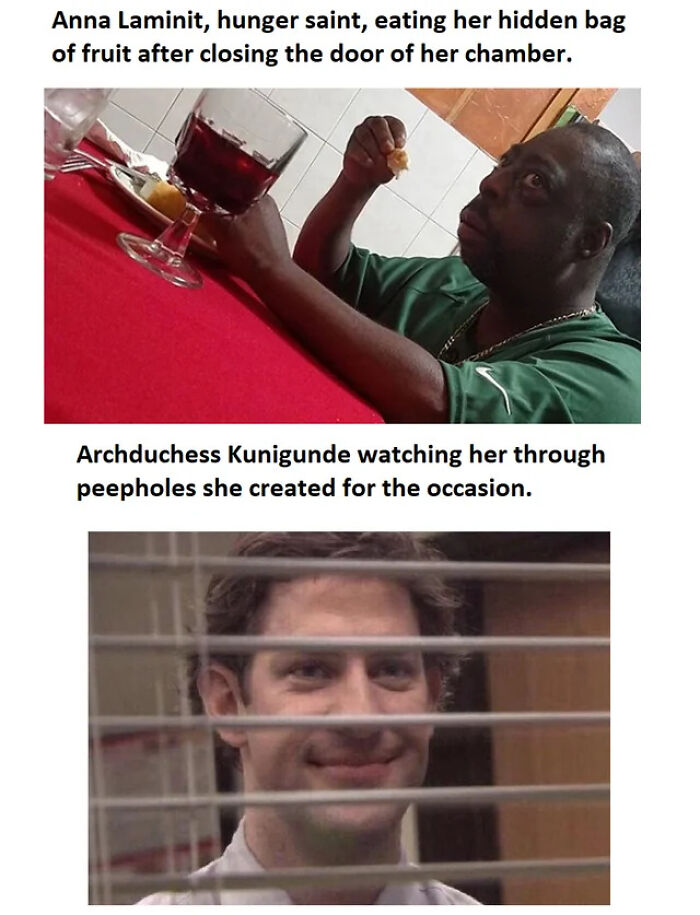 Man eating fruit at a table with wine, observed through blinds, a humorous meme explaining the Middle Ages context.