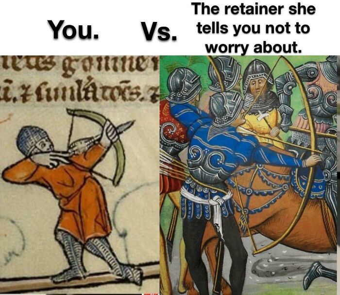 Medieval memes showing an archer versus a heavily armored retainer explaining the Middle Ages humorously.
