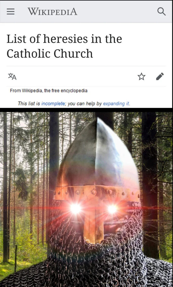 Wikipedia page titled list of heresies in the Catholic Church above a medieval knight with glowing eyes in a forest.