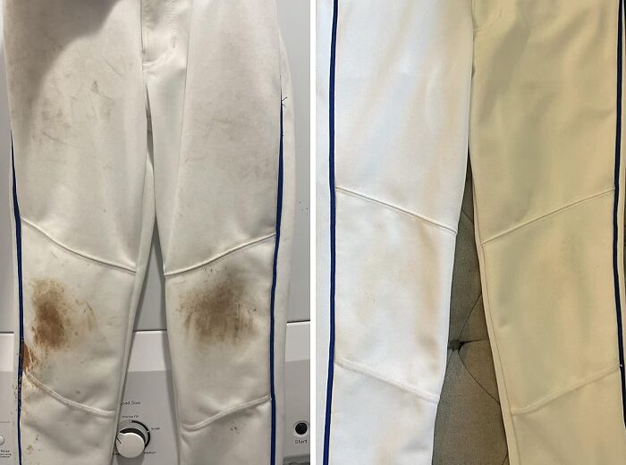 Before and after images of white pants cleaned using genius gadgets that tackle everyday cleaning problems effectively.
