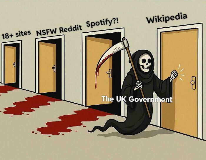 Cartoon of the grim reaper labeled UK Government knocking on a Wikipedia door with blood trails from other labeled doors, chaotic British meme.