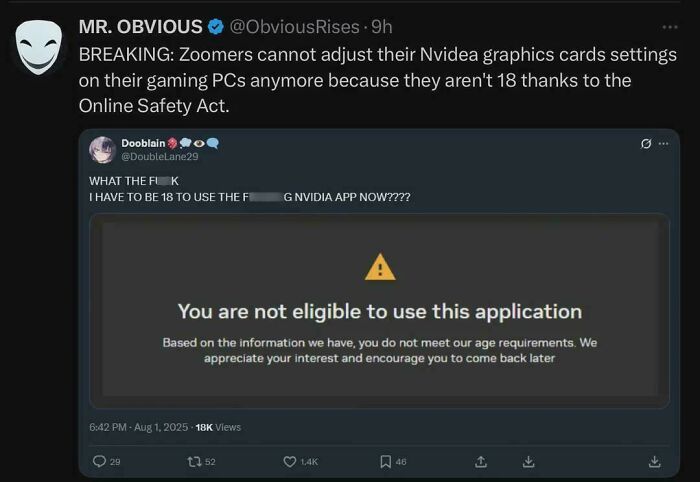 Screenshot of a chaotic British meme showing a tweet about age restrictions on Nvidia app use in the UK.