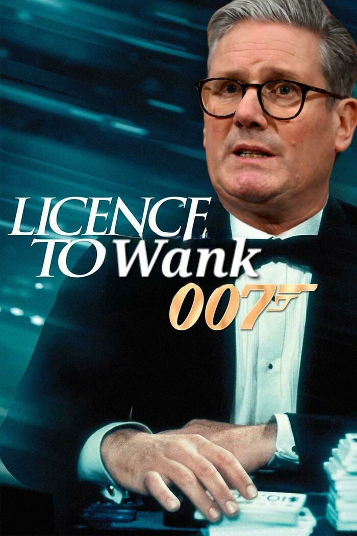 Man in glasses and tuxedo with British meme parody text featuring a humorous take on a 007 license theme.