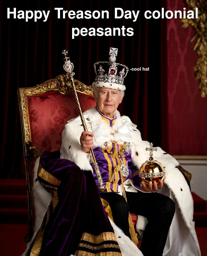 British meme featuring a king in royal attire sitting on a throne holding a scepter and orb with humorous text.