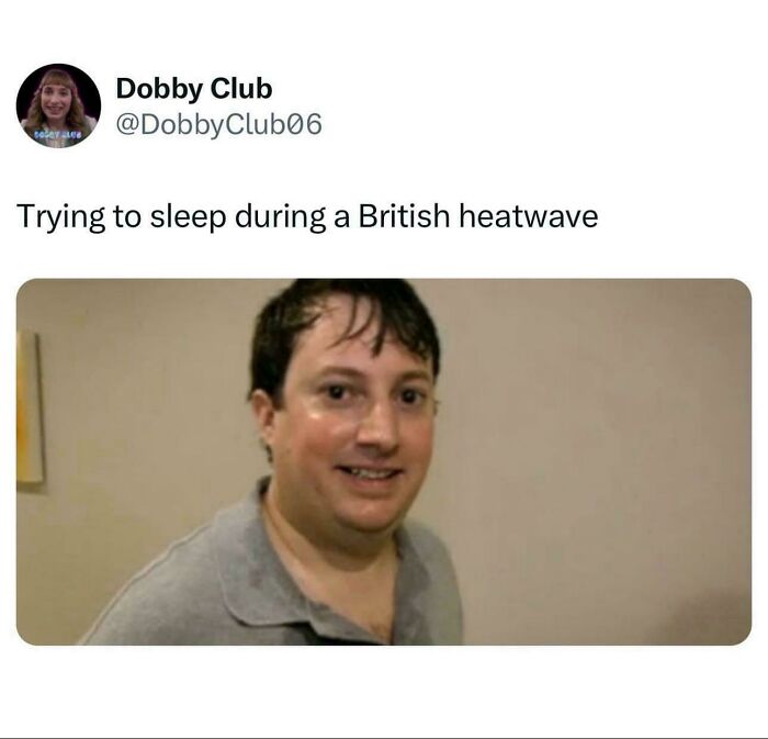 Man sweating heavily and smiling awkwardly, illustrating chaotic British memes about enduring a British heatwave.