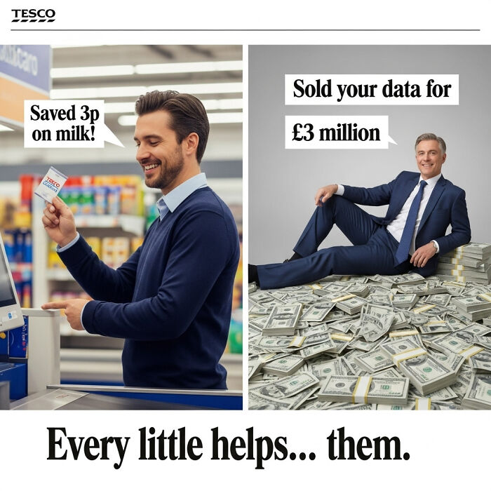 Man saving 3p on milk at Tesco checkout contrasted with man sitting on millions in cash British memes UK humor.