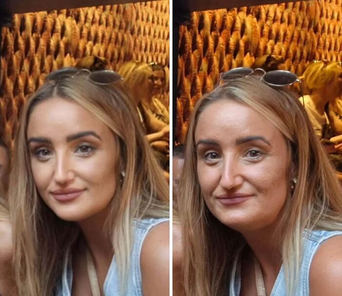 Side-by-side Instagram vs reality pics of a woman highlighting the difference in appearance and social media portrayal.