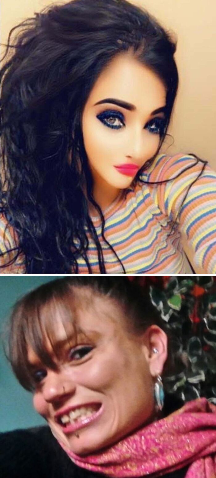 Comparison of Instagram vs reality pics showing exaggerated makeup and natural appearance contrast.