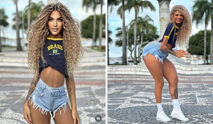 Side-by-side Instagram vs reality pics of a woman in denim shorts and a Brazil crop top outdoors by palm trees.