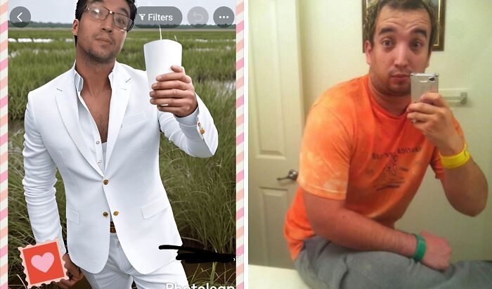 Side-by-side Instagram vs reality photo showing contrast of curated image and casual selfie highlighting difference in appearance.