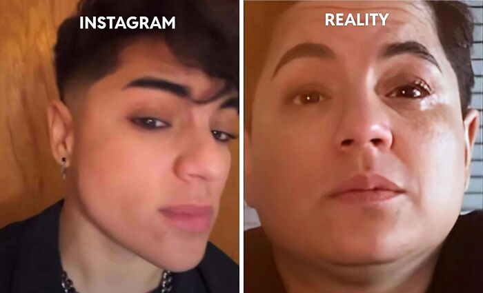 Side-by-side Instagram vs reality photos showing how some people appear out of touch with reality in pictures.