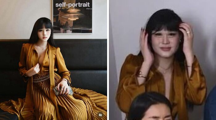 Side-by-side Instagram vs reality photos of a woman in a brown dress highlighting differences in appearance and setting.