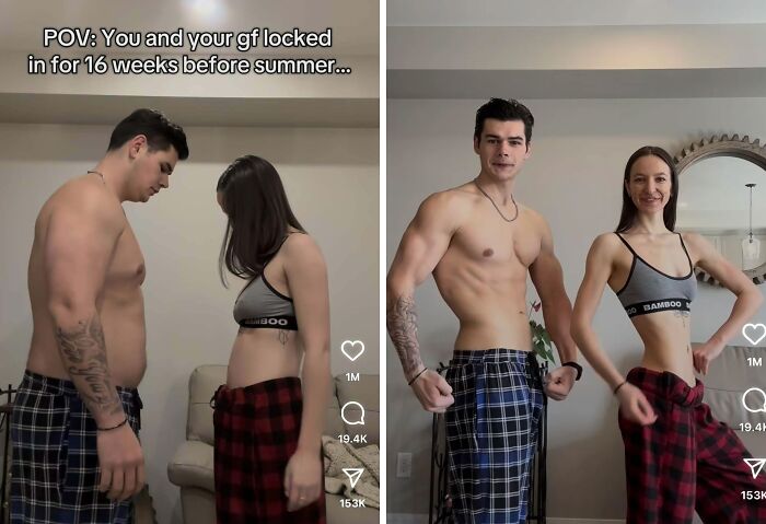 Couple showing Instagram vs reality transformation after 16 weeks indoors, highlighting differences in appearance and fitness.
