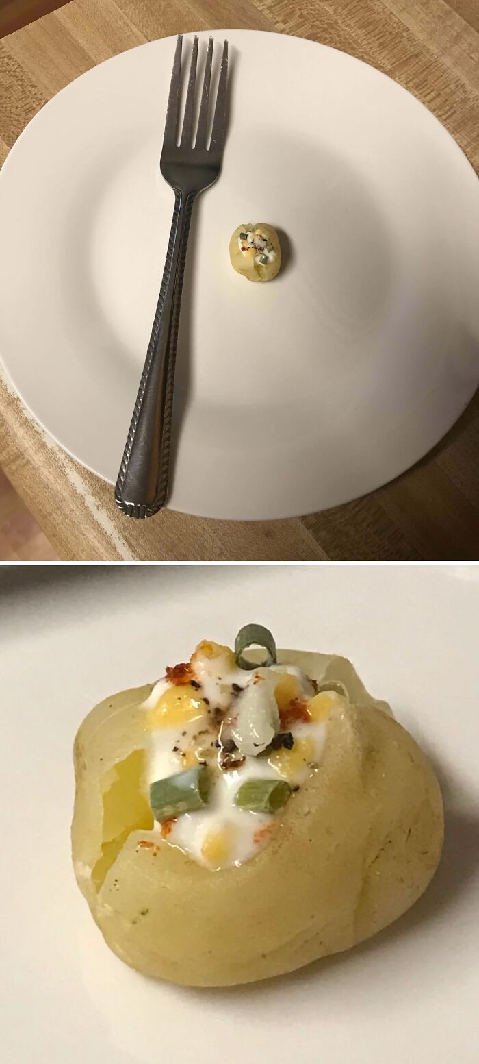 Tiny stuffed potato on a white plate with a fork, showcasing hilarious harvesting pics that highlight size differences.