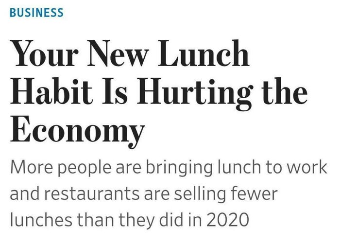 Headline about new lunch habits negatively affecting the economy highlighting consumerism trends in dining choices.