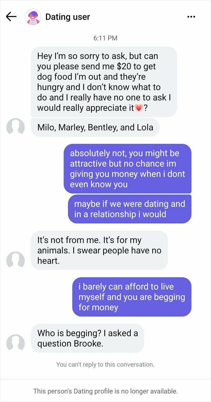 Text message exchange on a dating app showing toxic behavior in a conversation about money and animals.