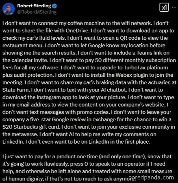 Screenshot of a tweet expressing frustration with modern consumerism and digital subscription overload.