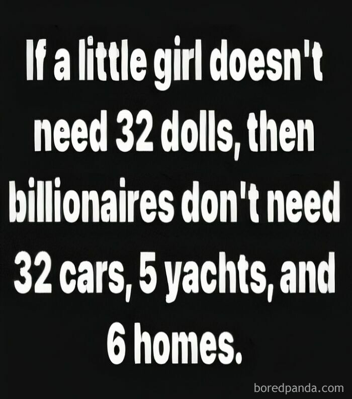 Text image highlighting consumerism with a quote comparing excessive toys for girls to billionaires' possessions.