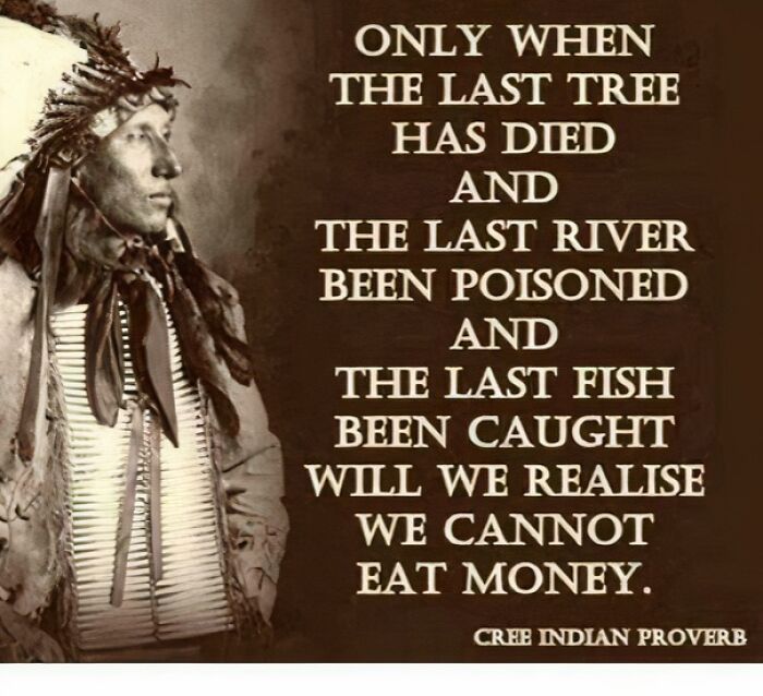 Sepia-toned image of a Cree Indian with a headdress next to a proverb warning about environmental destruction from consumerism.