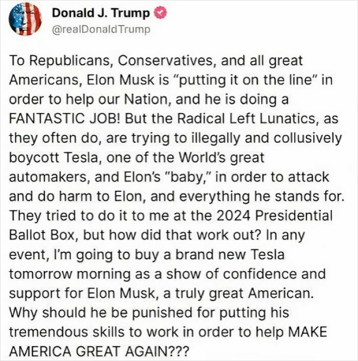 Screenshot of a social media post discussing consumer support for Tesla amid political controversy.