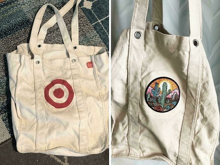 Two worn canvas tote bags with faded logos, illustrating the impact of consumerism on product longevity and reuse.