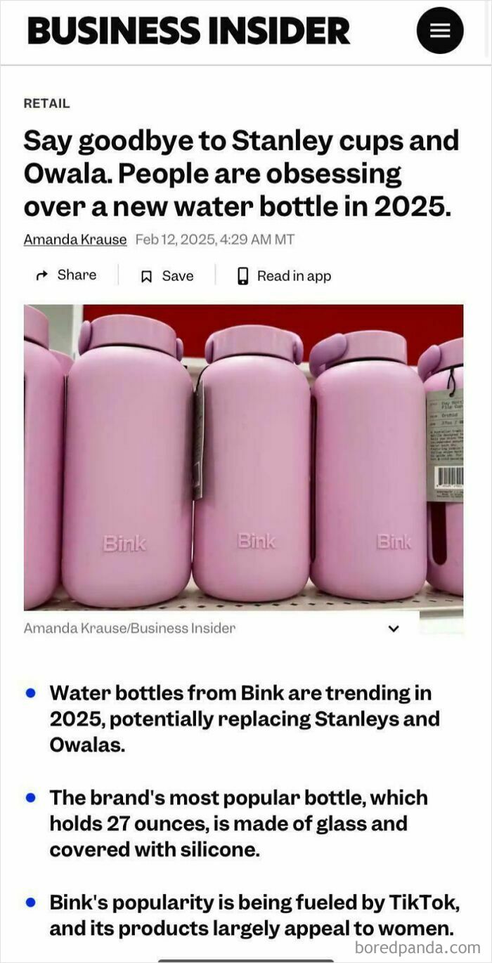 Pink Bink water bottles trending in 2025, highlighting changing consumerism and product obsession.