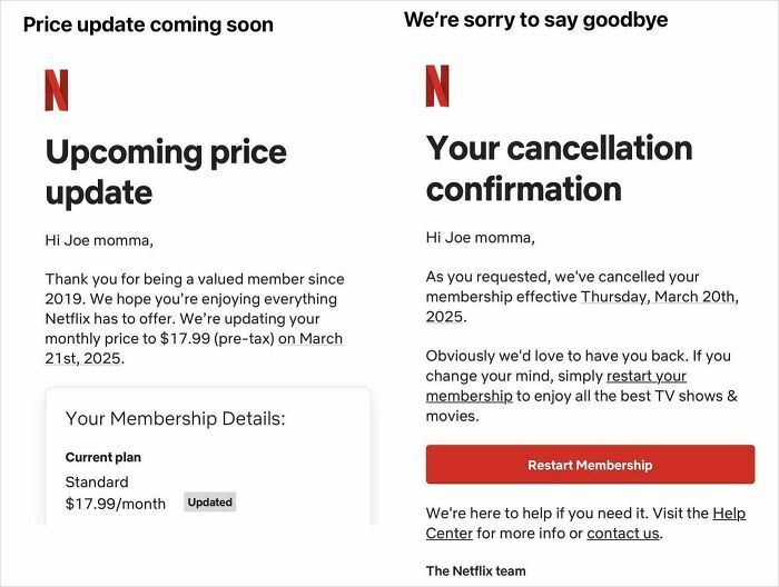 Email notification from Netflix showing a price increase and membership cancellation highlighting consumerism impact.