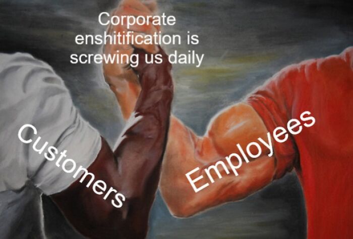 Customers and employees united against corporate enshitification highlighting harsh realities of consumerism impact.