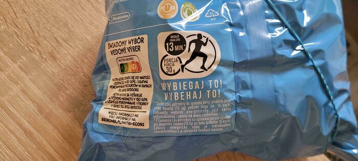 Close-up of product packaging showing nutritional info and recommended exercise time, shared as moderately interesting.