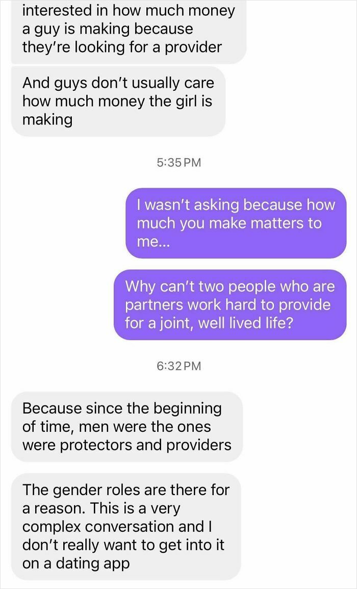 Text message exchange debating gender roles and provider expectations in relationships, highlighting toxic nice girls behavior.