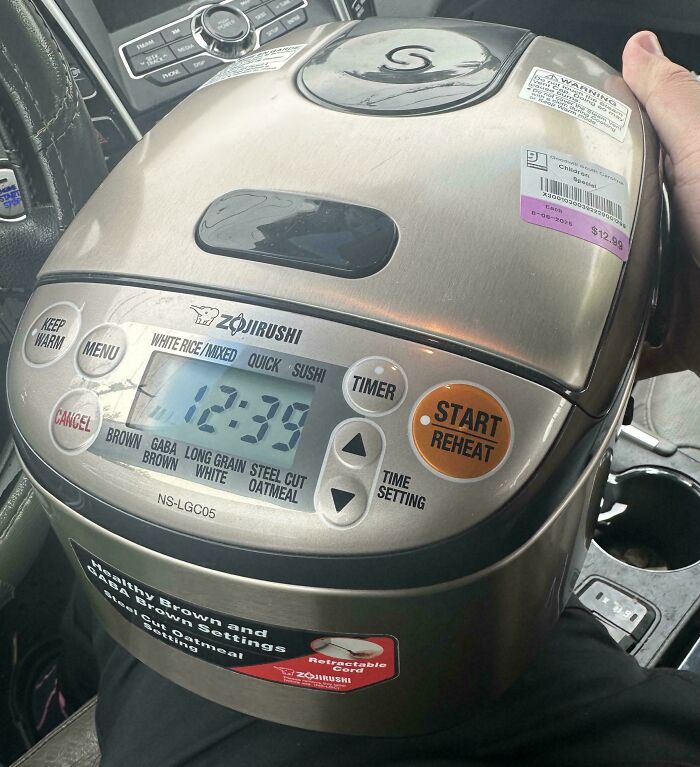 Zojirushi rice cooker thrift store find with digital display, timer, and multiple cooking settings priced at $12.99.