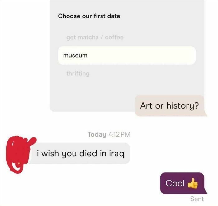 Screenshot from toxic conversation between nice girls and nice guys showing harsh message about death wish on a first date choice