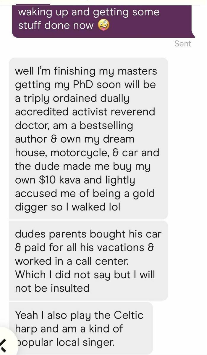 Text message screenshot showing a woman describing her achievements and calling out toxic behavior from a "nice girl."