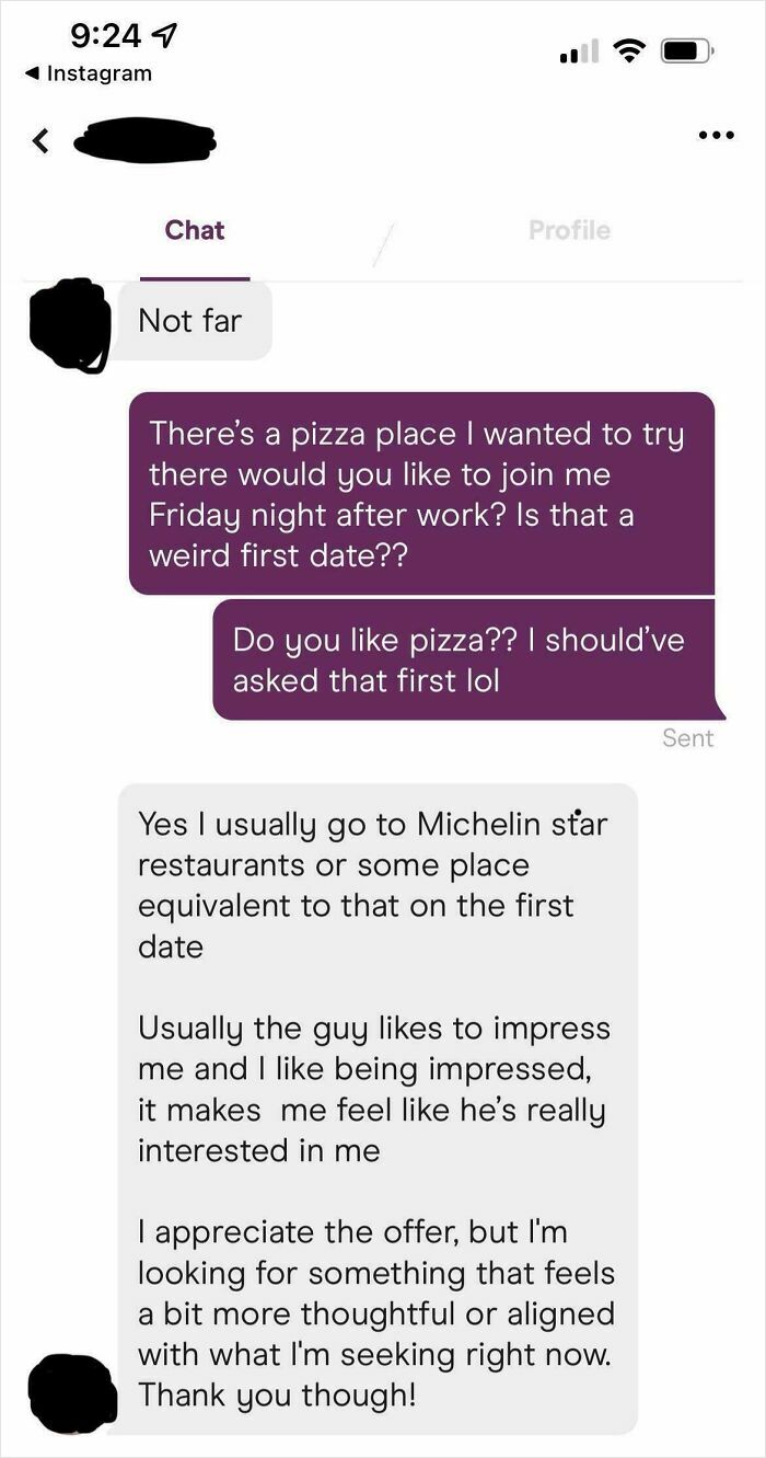 Text conversation screenshot showing a woman rejecting a pizza date, illustrating toxic nice girls behavior.
