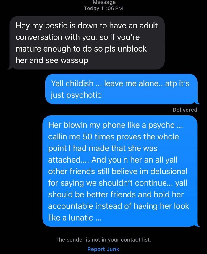 Screenshot of a text conversation showing toxic behavior from a girl trying to convince a friend to unblock her.