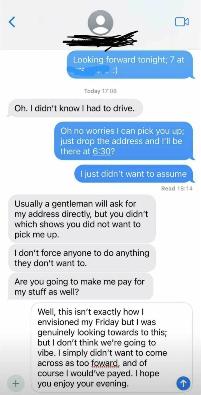 Text message conversation showing a toxic "nice girl" attitude in an argument about driving and payment.