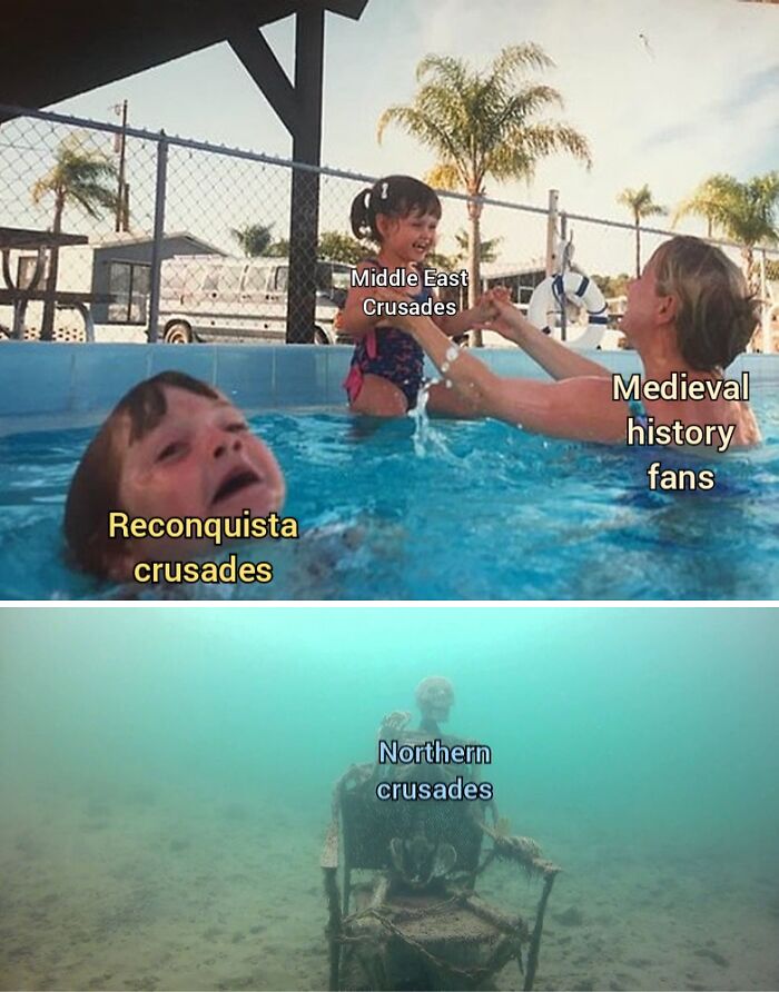 Funny medieval history meme showing crusades represented by children in a pool, highlighting humor in Middle Ages memes.