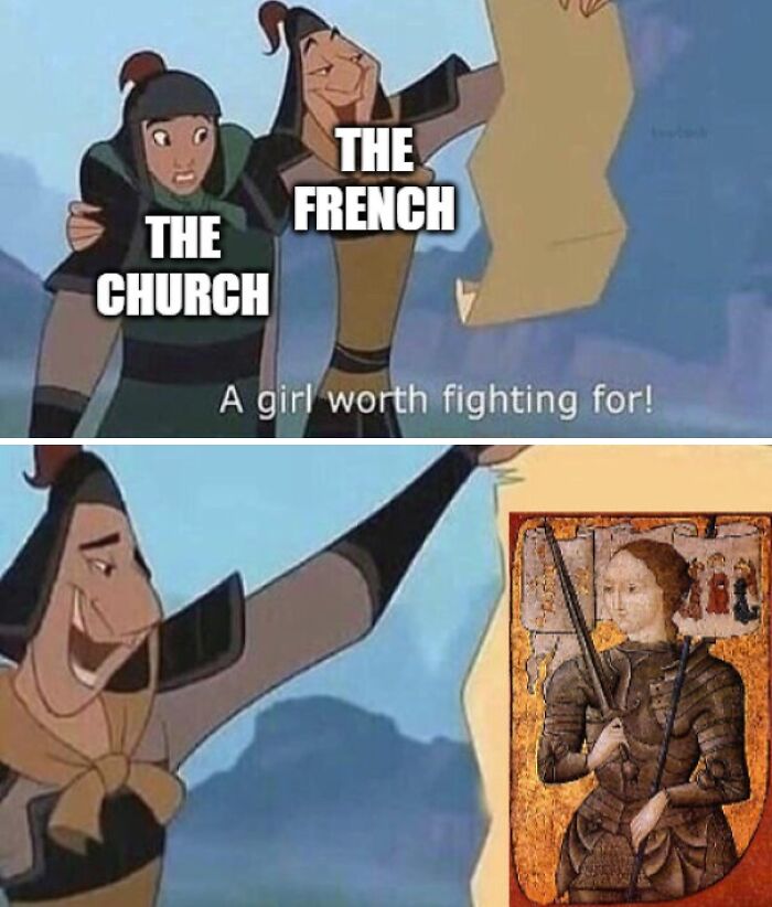 Two characters labeled the Church and the French presenting a medieval painting, illustrating Middle Ages memes humor.
