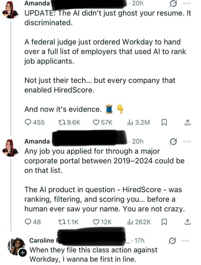 Social media posts discussing AI discrimination and job applicant ranking related to outrageous job requirements.