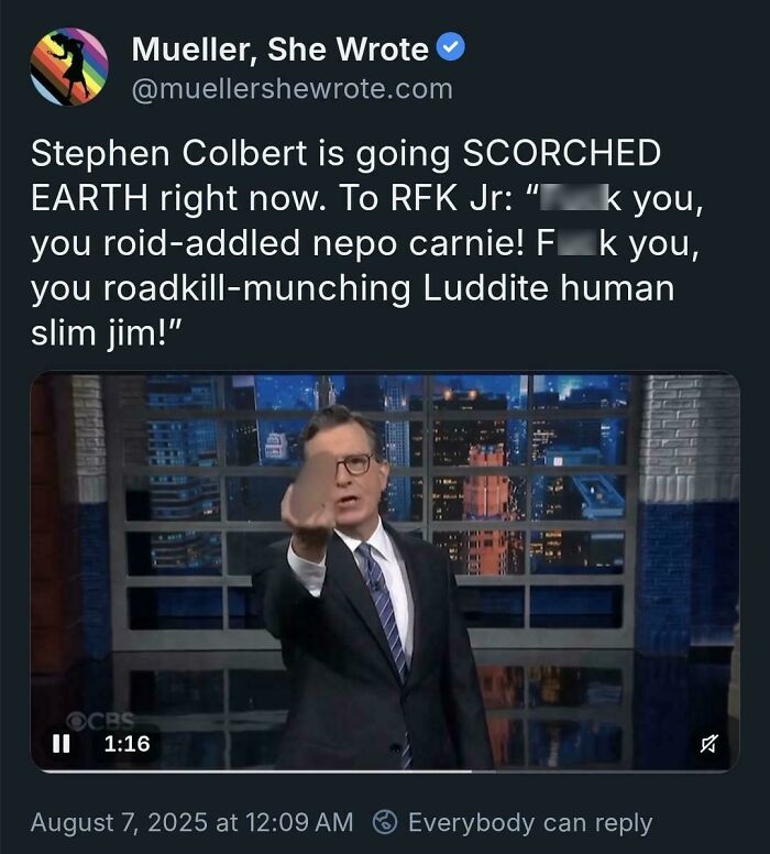 Tweet showing courage with a bold statement and middle finger gesture during a late night show segment.