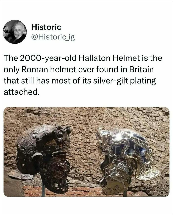 Two views of the 2000-year-old Hallaton Helmet, a rare Roman helmet with silver-gilt plating found in Britain.